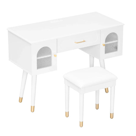 Elegant Vanity Makeup Table & Chair Set Modern Dressing Table With Organizer Writing Desk Charging Port Engineered Wood - White - Furniture Home Direct