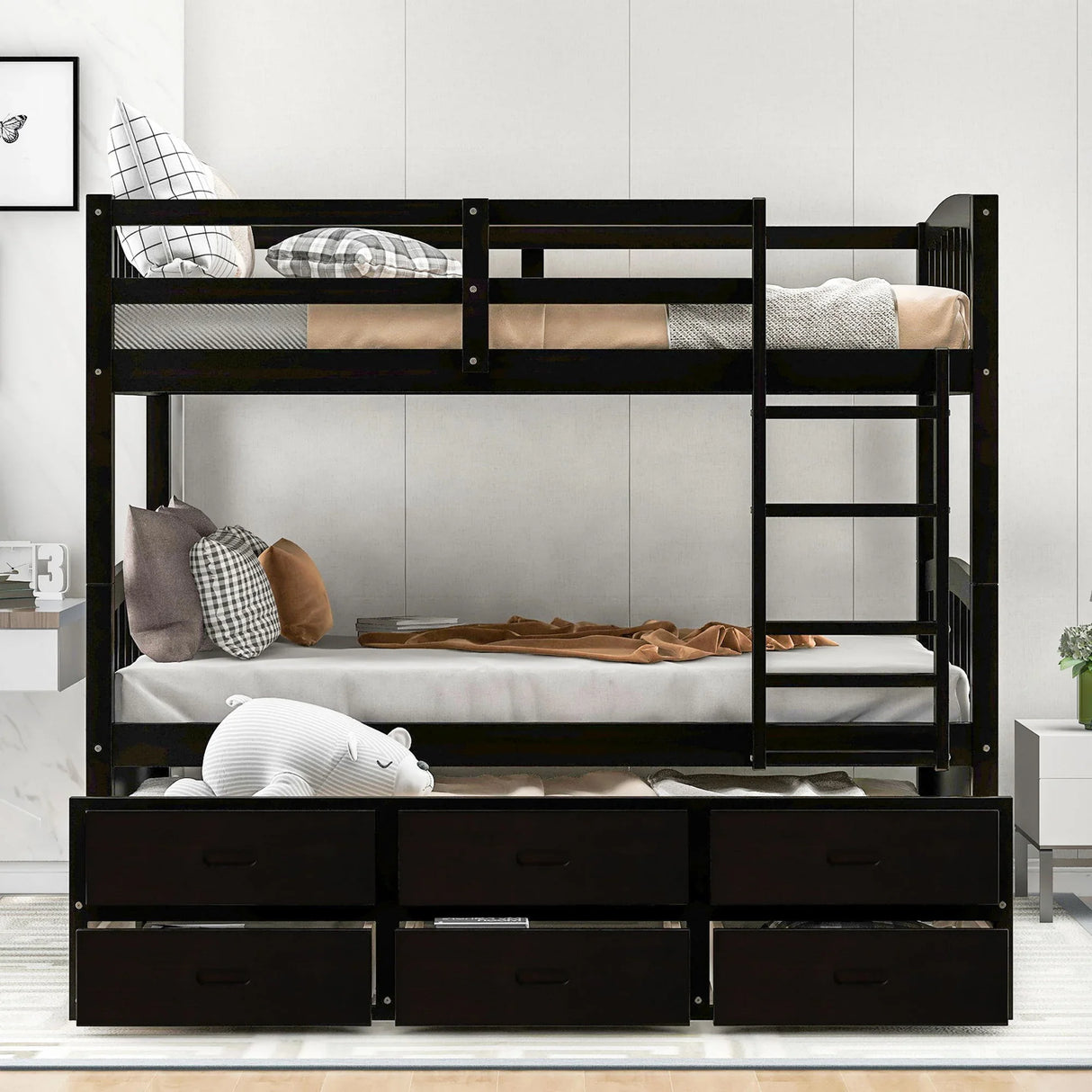 Twin Over Twin Wood Bunk Bed With Trundle And Drawers - Espresso - Furniture Home Direct