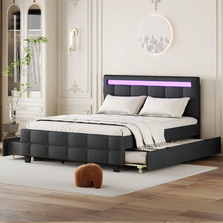 Upholstered Platform Bed With LED Frame, With Trundle And 2 Drawers - Furniture Home Direct