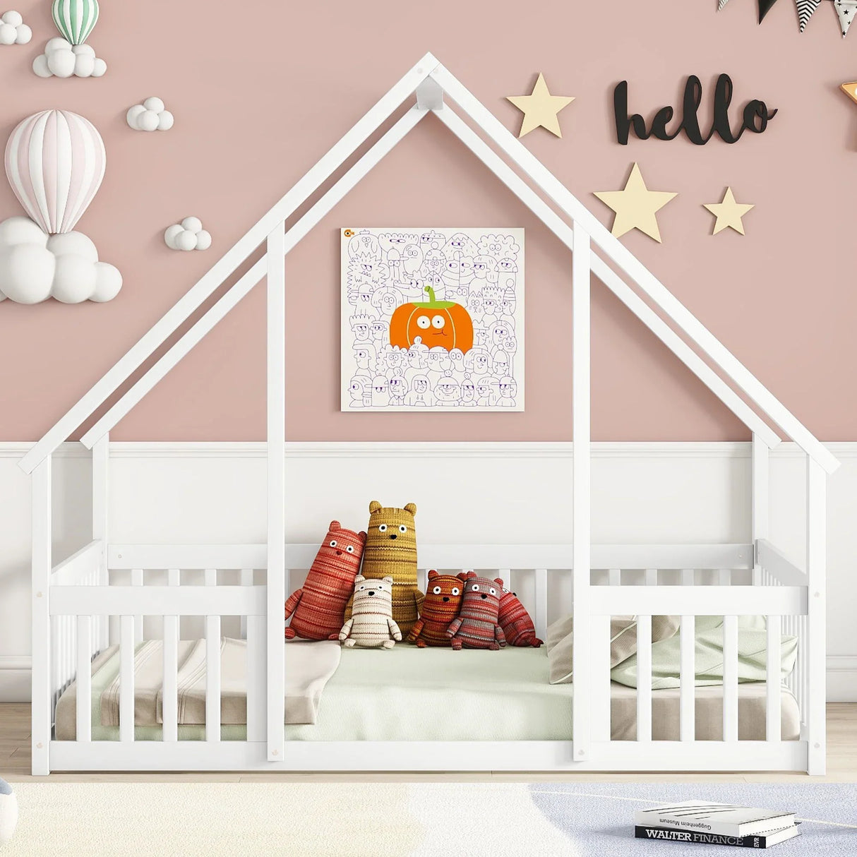 Wood House-Shaped Floor Bed With Fence, Guardrails - Furniture Home Direct