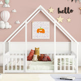 Wood House-Shaped Floor Bed With Fence, Guardrails - Furniture Home Direct