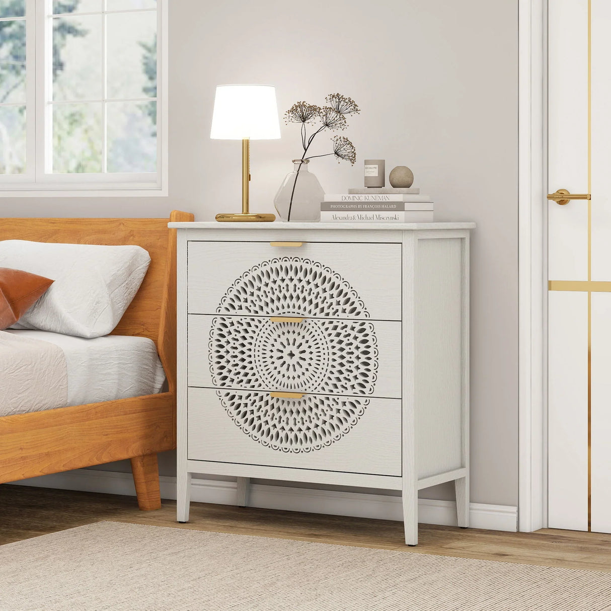 3 Drawer Cabinet With Hollow Carved 3 Drawer Dresser Storage Chest With Metal Handles For Entryway Living Room Bedroom - Beige - Furniture Home Direct