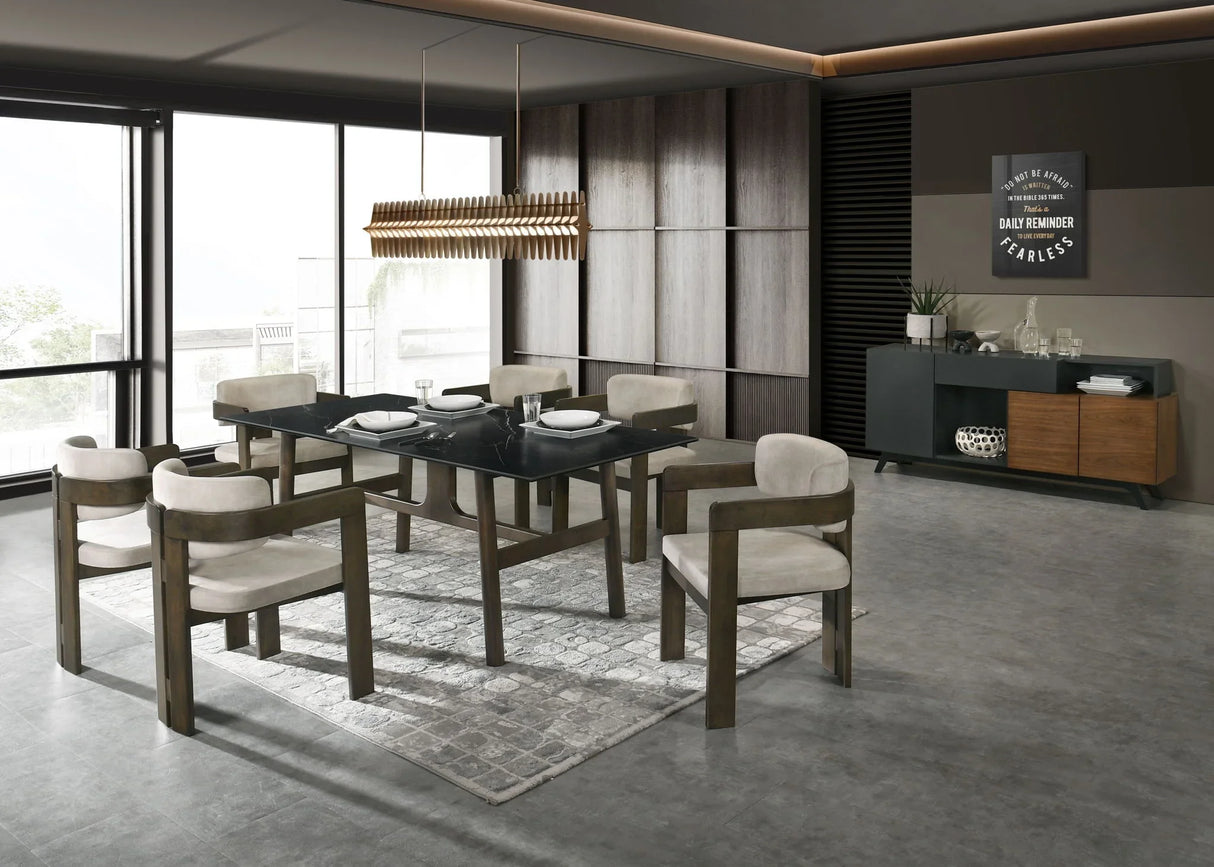 Destin - 8 Pieces Dining Room Set - Ceramic Walnut / Light Gray - Furniture Home Direct