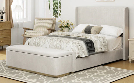 King Bed Corduroy Upholstered Storage Ottoman Light Grey - Furniture Home Direct