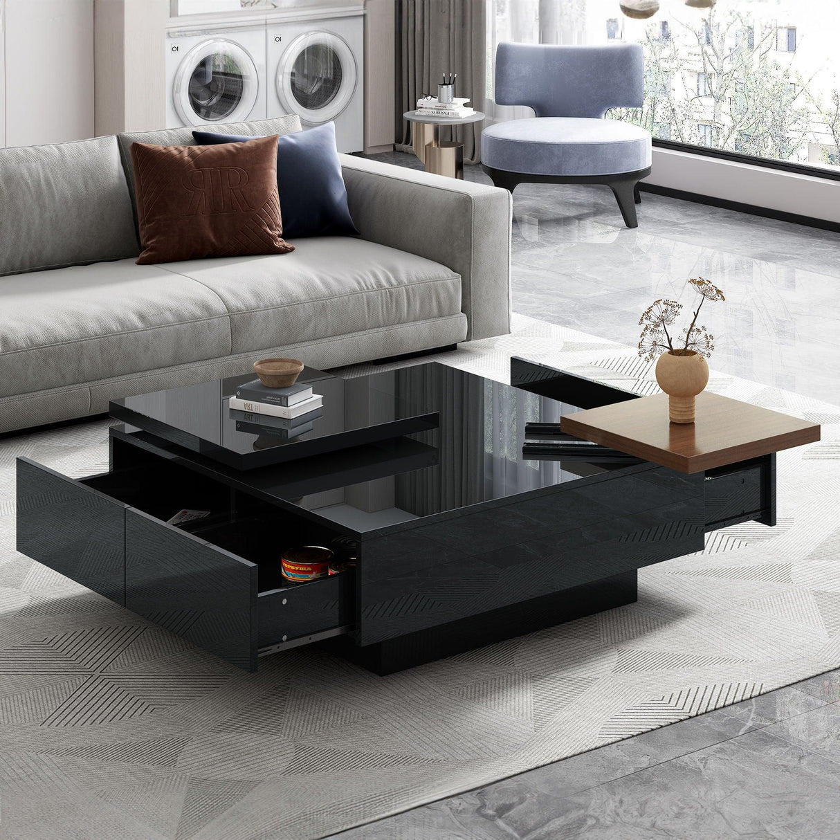 Movable Square Top Coffee Table With 4 Hidden Storage Drawers - Furniture Home Direct