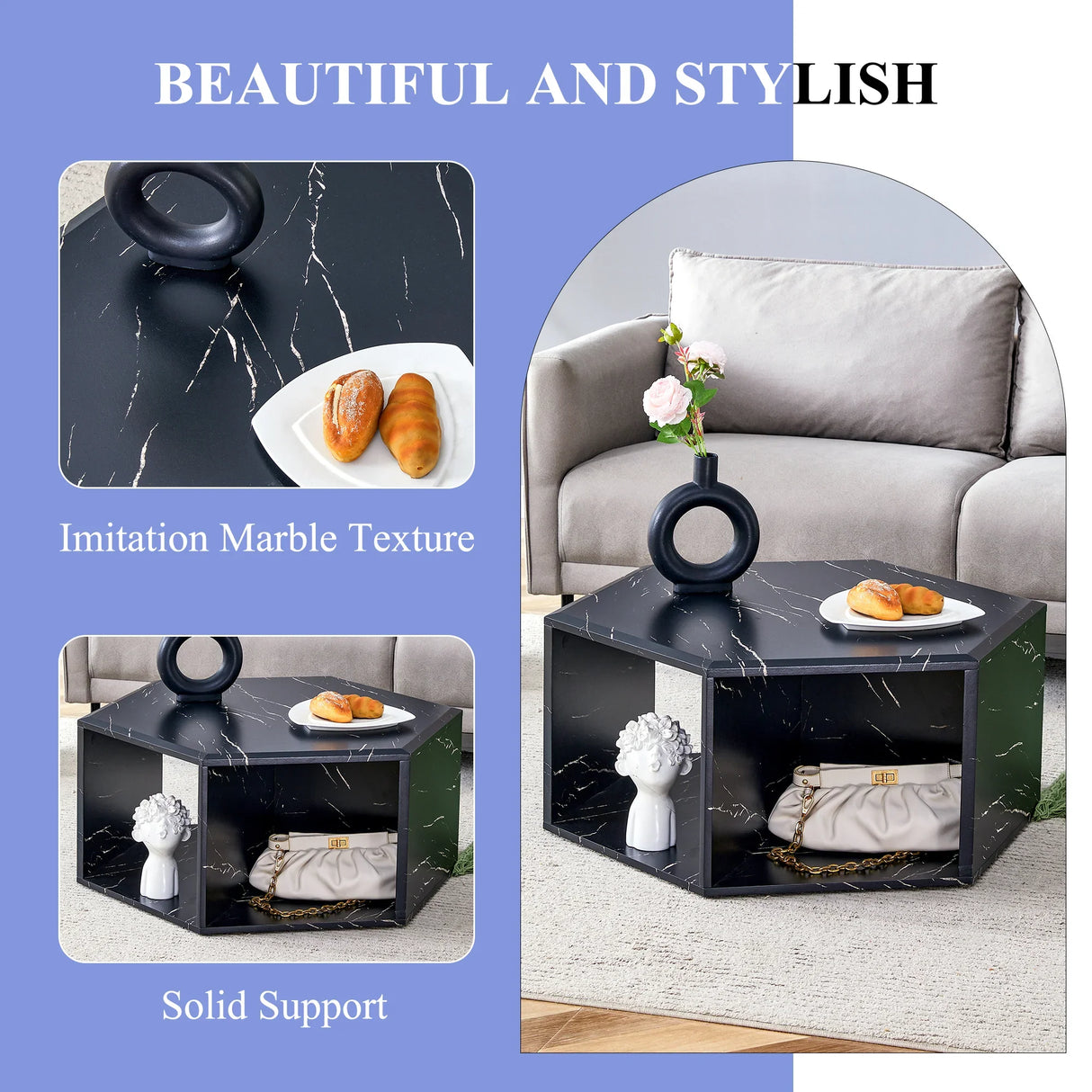 Coffee Table Hexagonal Textured Marble Look Accent Black - Furniture Home Direct
