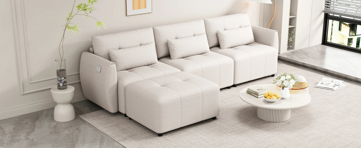113.3 Modular Sectional With Ottoman And USB C Ports Beige - Furniture Home Direct