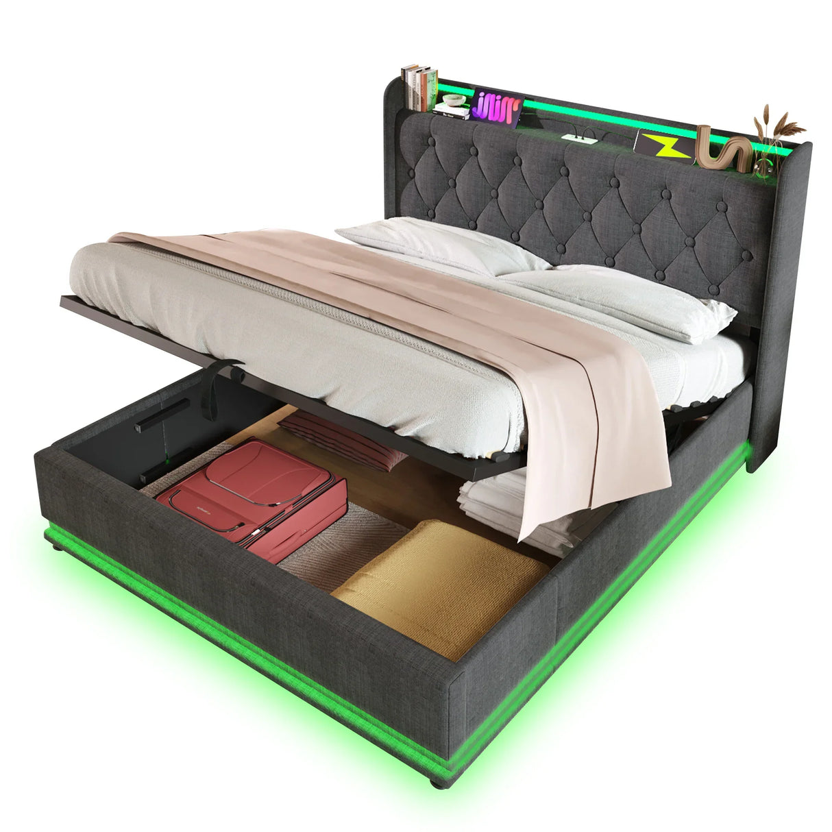 King Bed LED 360 Surround Lighting Storage USB Type C Gray - Furniture Home Direct