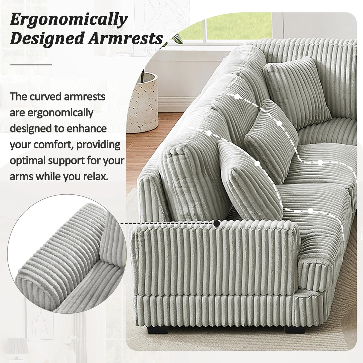 Sectional Sofa Oversized U Shaped Corduroy Fabric Gray - Furniture Home Direct