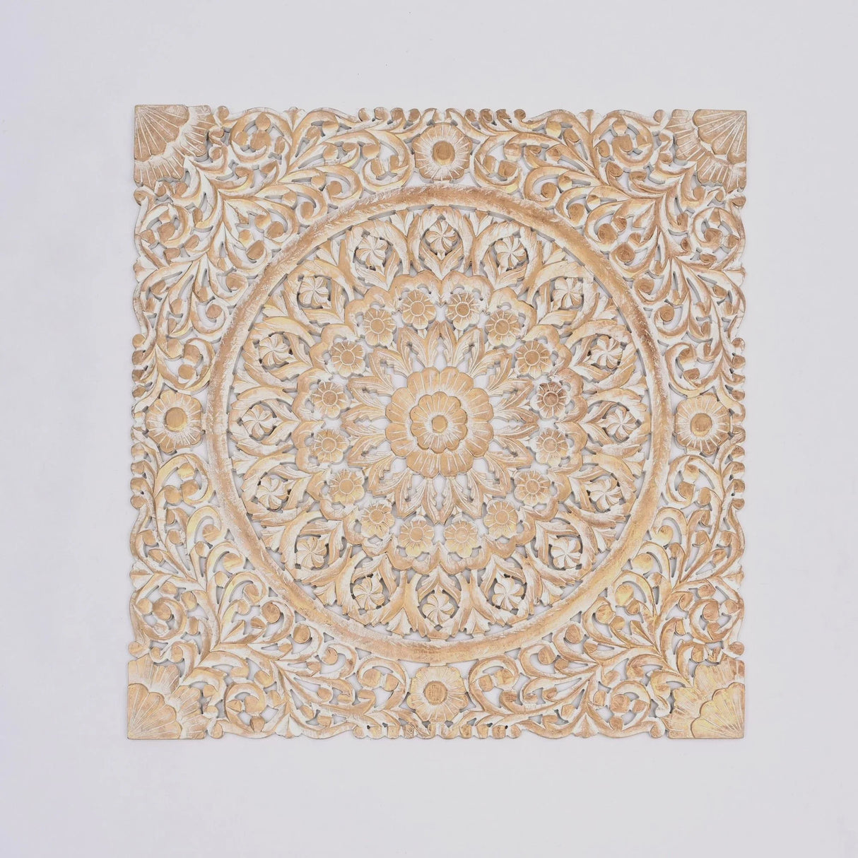 Floral Hand Carved Mandala Square Wall Decor With Spiritual Symbolism - Gold / White - Furniture Home Direct