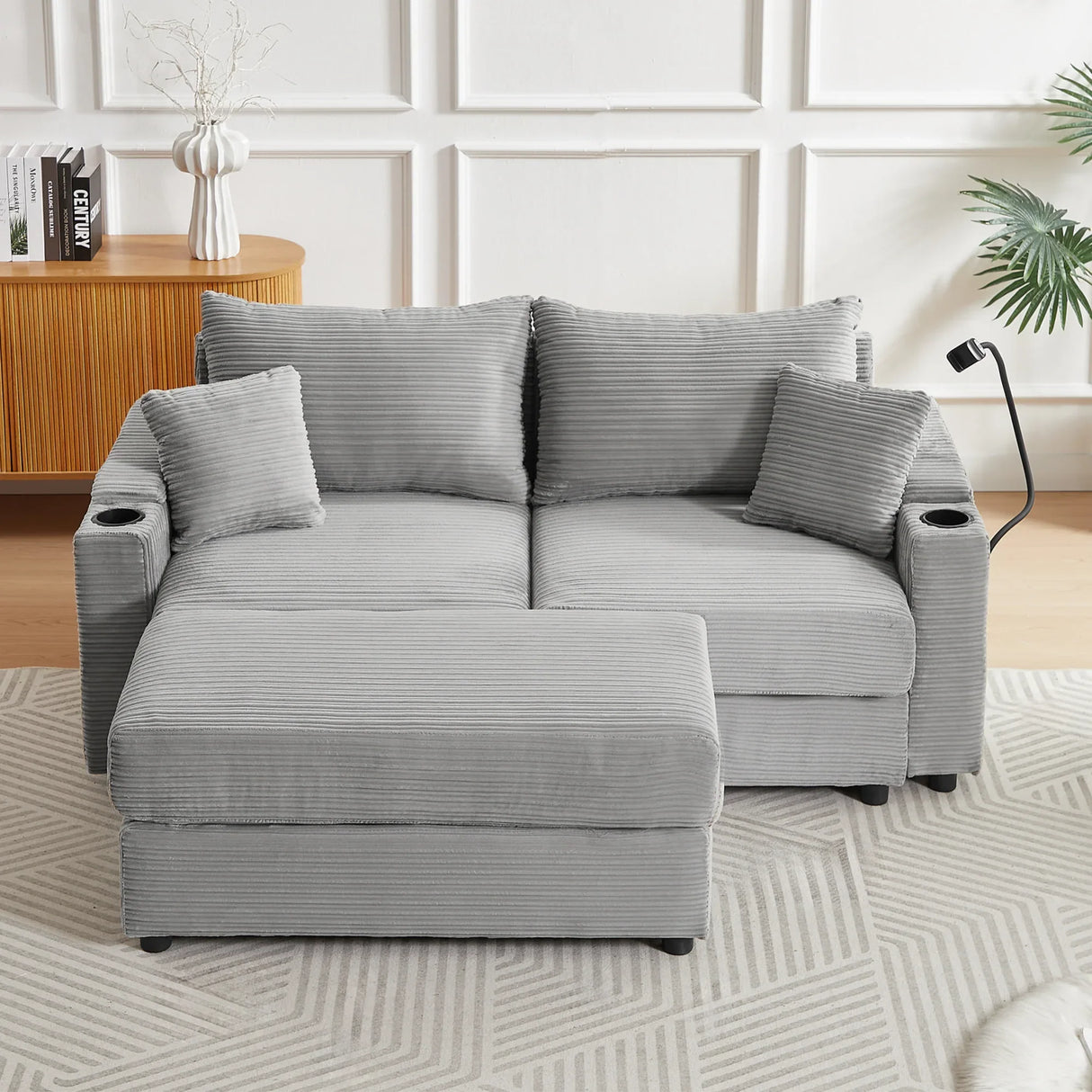 Modern Style Loveseat With Storage, Ottoman, Two USB Ports, Two Cup Holders and Phone Holder - Gray - Furniture Home Direct