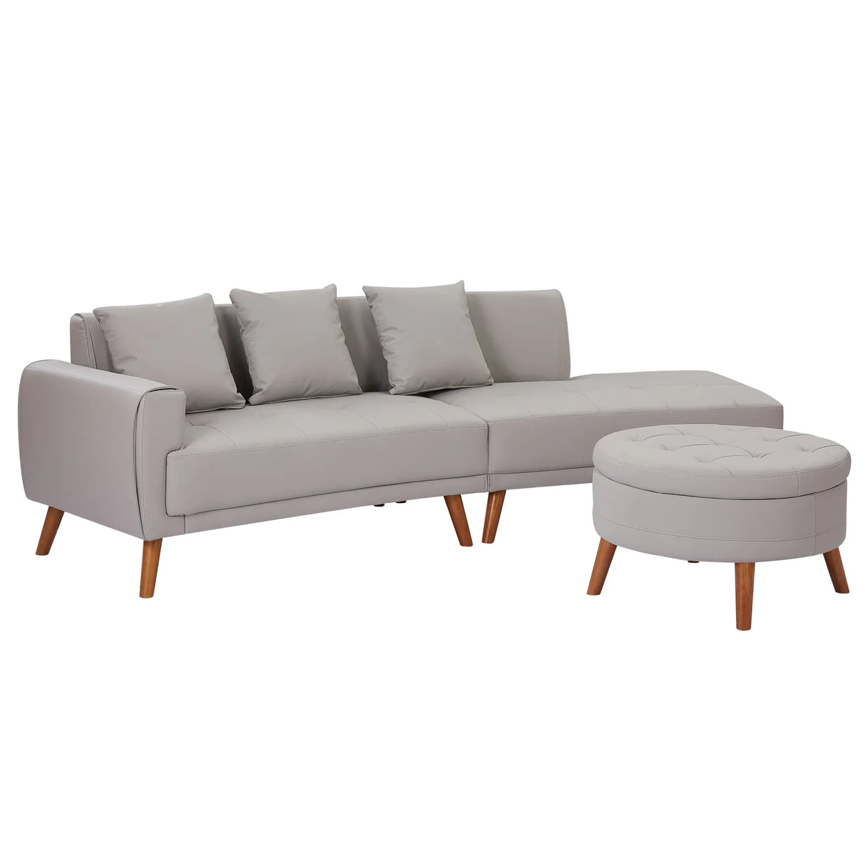 107 Inch Contemporary Sofa With Round Storage Ottoman Grey - Furniture Home Direct