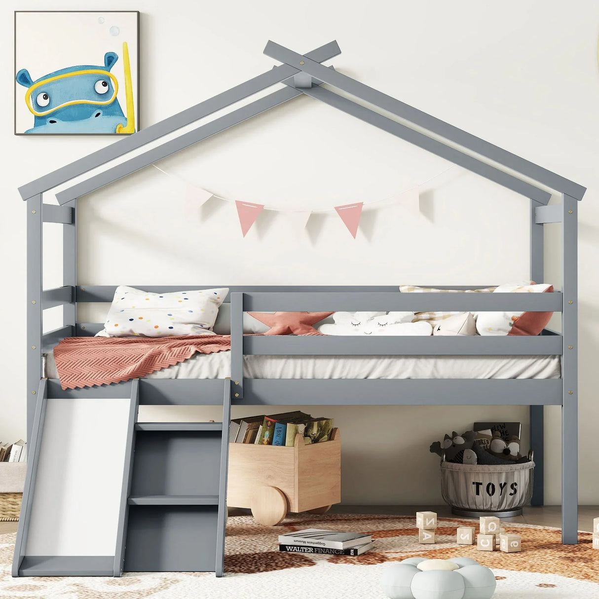 Low Loft House Bed With Slide, Ladder, Safety Guardrails, House Roof Frame - Furniture Home Direct