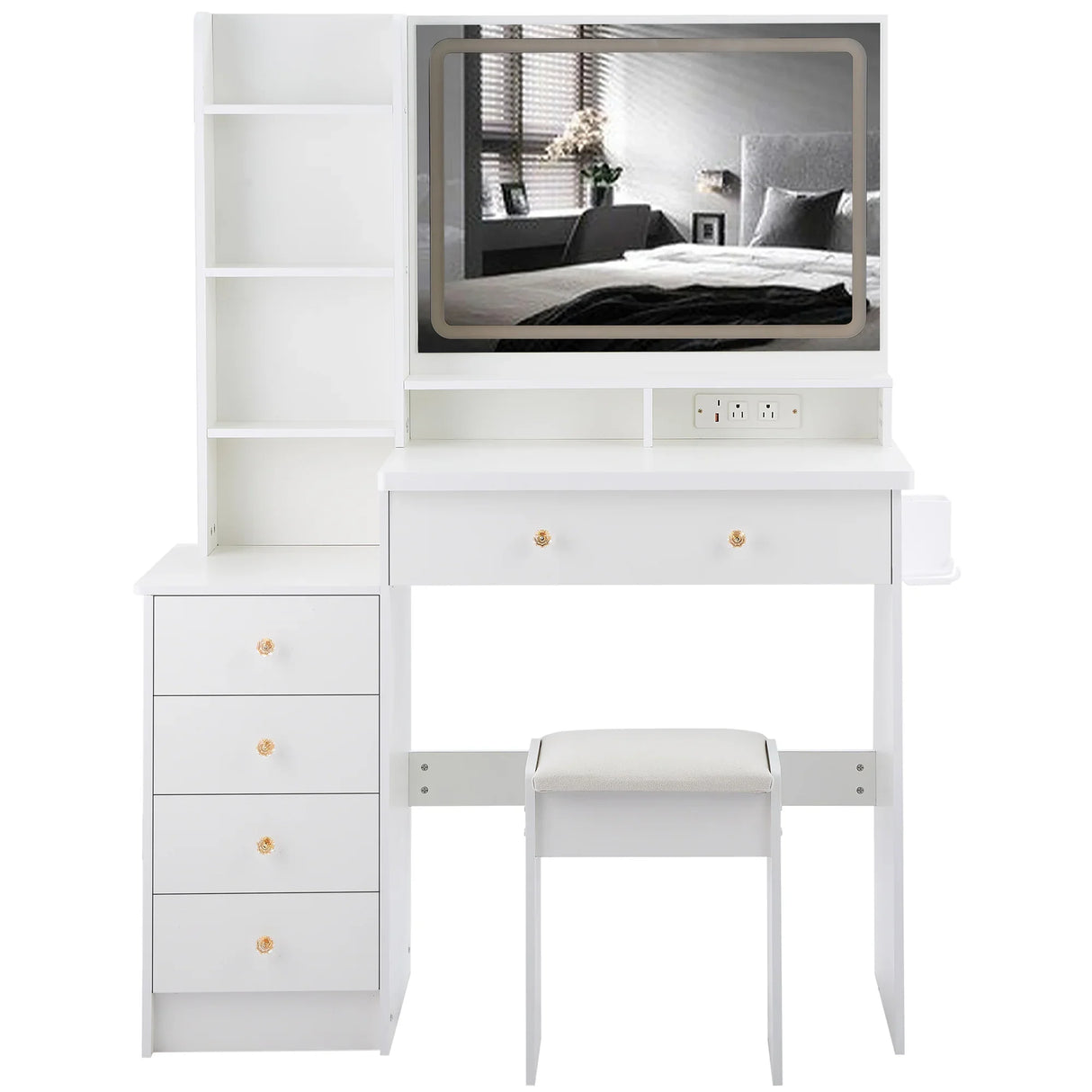 Vanity Desk With Cushioned Stool Mirror Makeup White - Furniture Home Direct