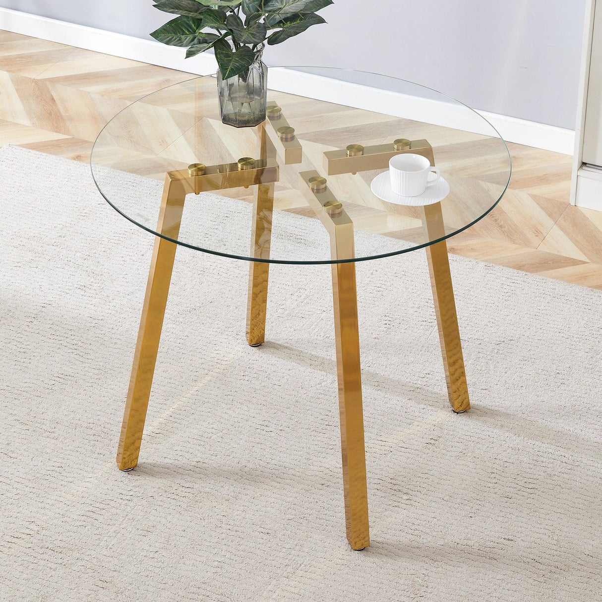 Dining Table Round Glass Top With Metal Base Finish Gold - Furniture Home Direct