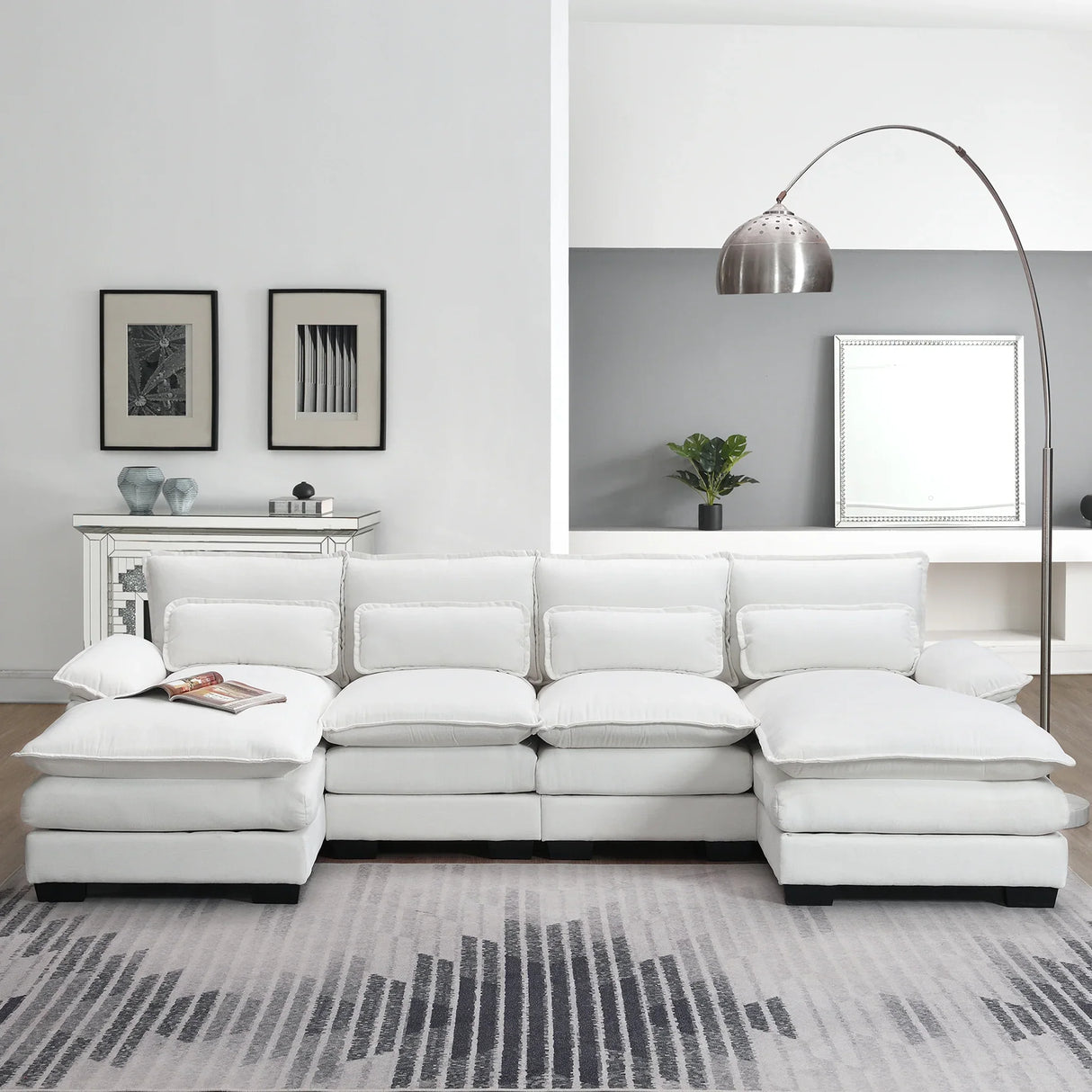 Sectional Sofa Modern U Shaped Chenille Seats 6 White - Furniture Home Direct