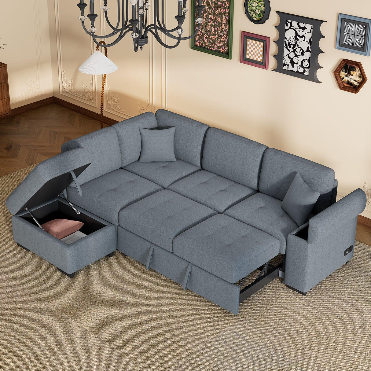 Sleeper Sectional Sofa, L-Shape Corner Couch Sofa Bed With Storage Ottoman & Hidden Arm Storage & USB Charge For Living Room Apartment - Furniture Home Direct