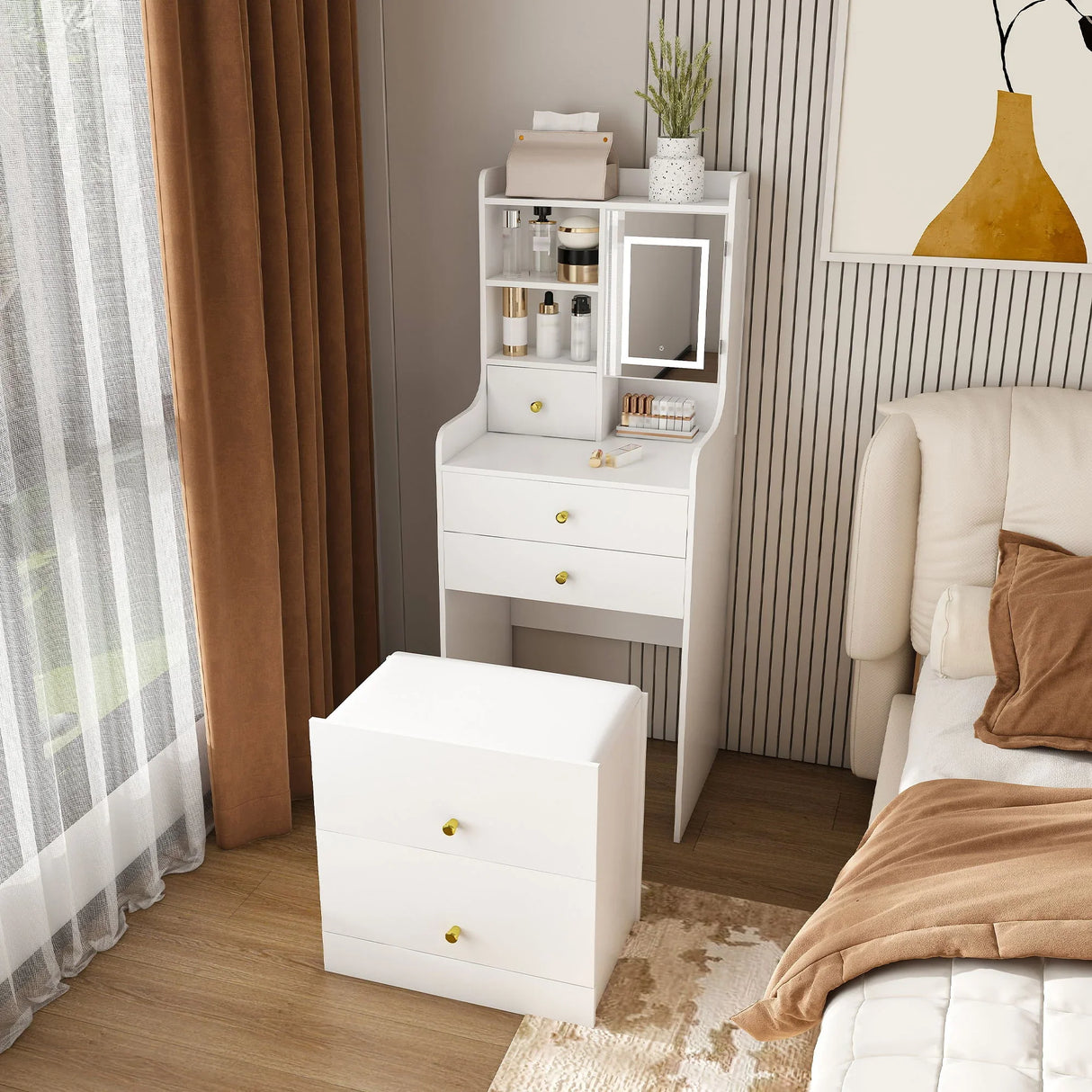 3 In 1 Dressing Table With LED Mirror & Storage Stool, Compact Makeup Vanity - White - Furniture Home Direct