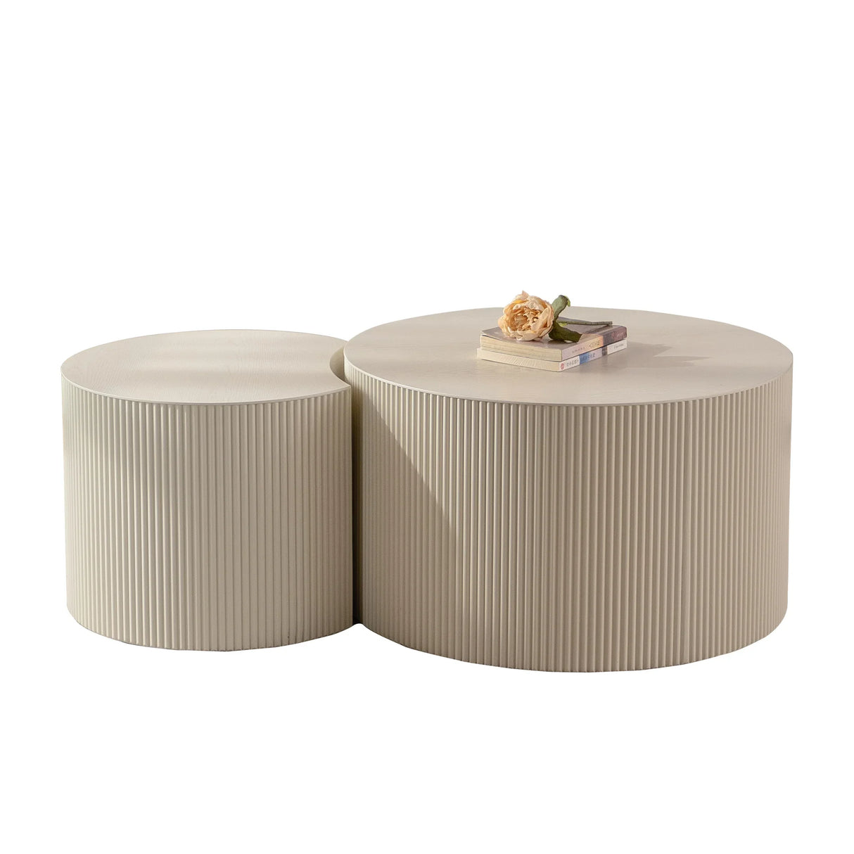 Round Accent Tables Set Modern Ribbed Pair Beige Cream - Furniture Home Direct