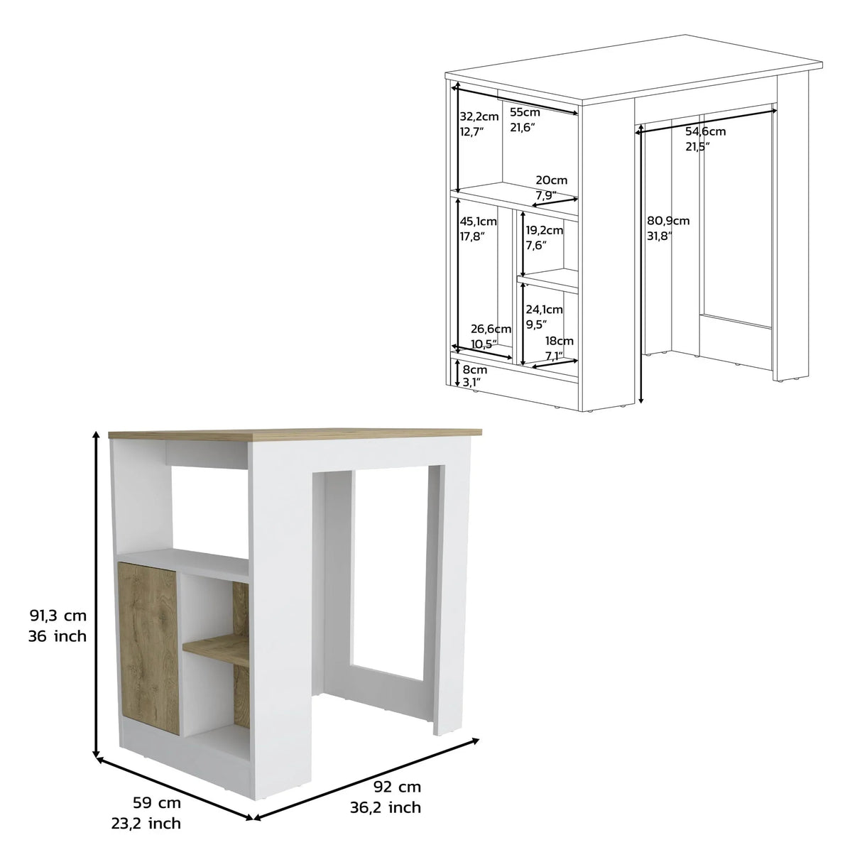 Kitchen Island Three Open Side Storage Shelves And One Push-To-Open Cabinet - White / Macadamia - Furniture Home Direct