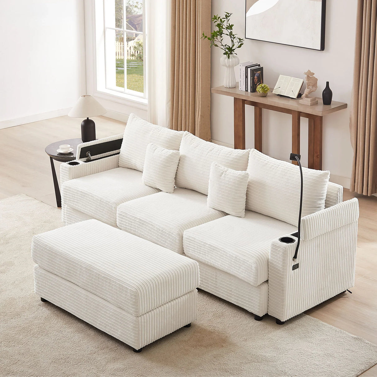 Modern Style Loveseat Sofa Sectional Sofa Couch With Storage Space, A Movable Ottoman, Two USB Ports, Two Cup Holders, A Phone Holder For Living Room - Furniture Home Direct