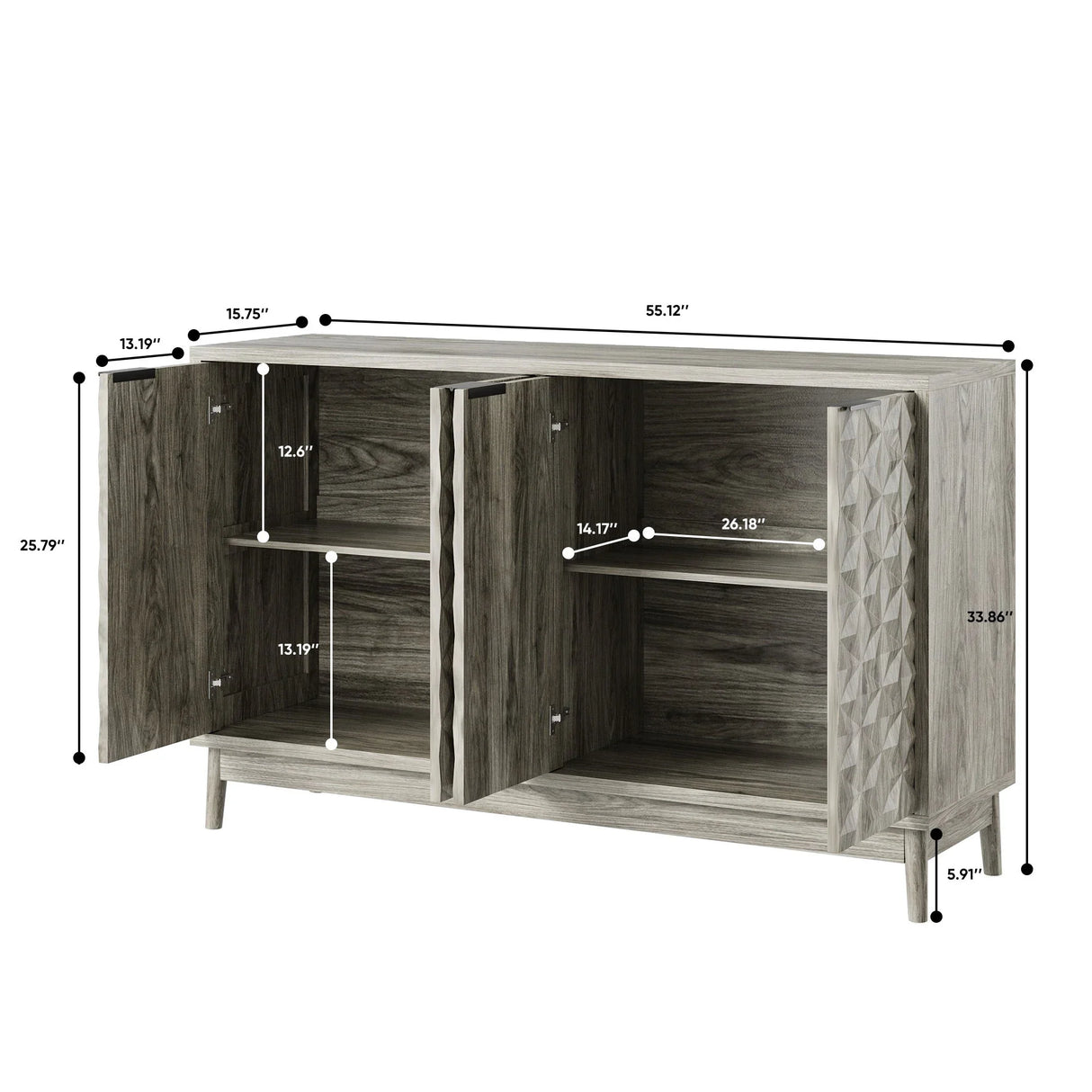 Modern Style Buffet Cabinet, Sideboard Buffet Cabinet With Storage, Storage Cabinet With 4 Diamond Shaped Relief Doors For Living Room, Dining Room, Entryway, Hallway, Kitchen - Gray - Gray - Furniture Home Direct
