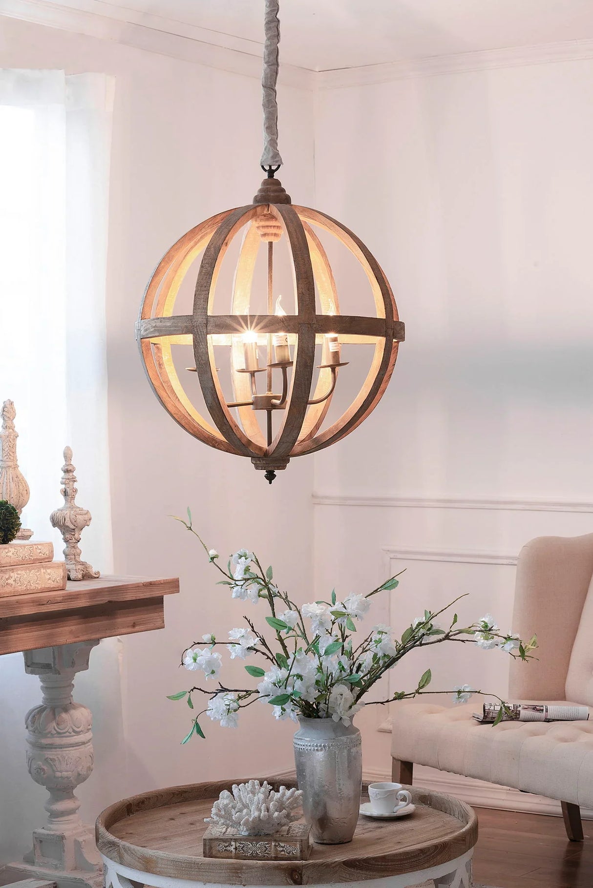4 Light Wood Chandelier, Hanging Light Fixture With Adjustable Chain For Kitchen, Bulb Not Included - Brown - Furniture Home Direct