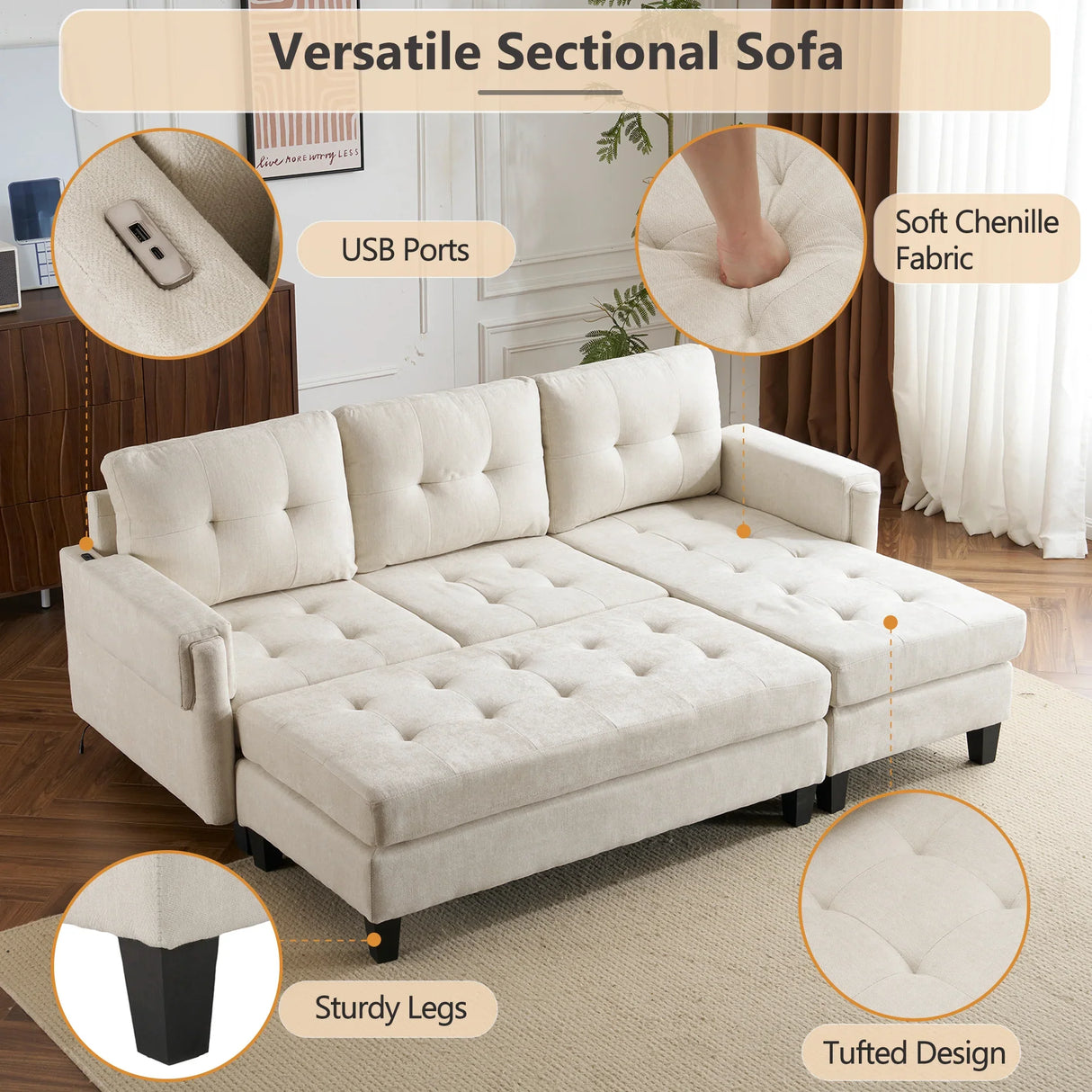 Sleeper Sectional Chenille L Shaped With Chaise Beige - Furniture Home Direct