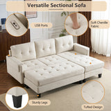 Sleeper Sectional Chenille L Shaped With Chaise Beige - Furniture Home Direct