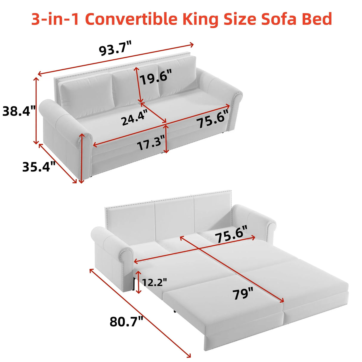 3 In 1 Convertible Sleeper Sofa With Nailhead Trim & Rolled Arm - Furniture Home Direct