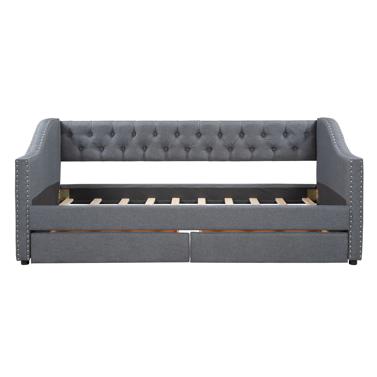 Twin Size Upholstered Daybed With Two Drawers, Slat Support - Gray - Furniture Home Direct