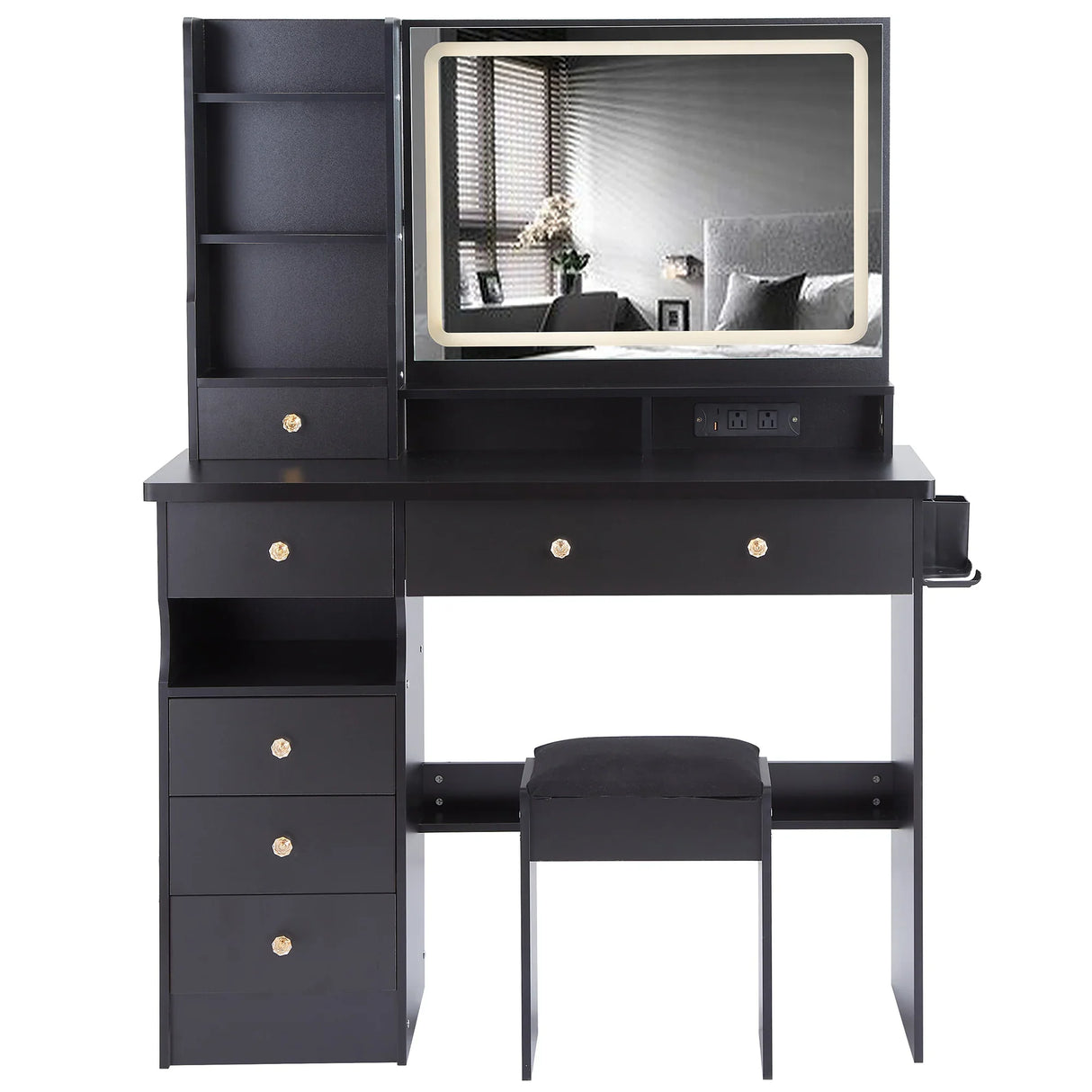 Vanity Desk With Cushioned Stool And Mirror Set Black - Furniture Home Direct