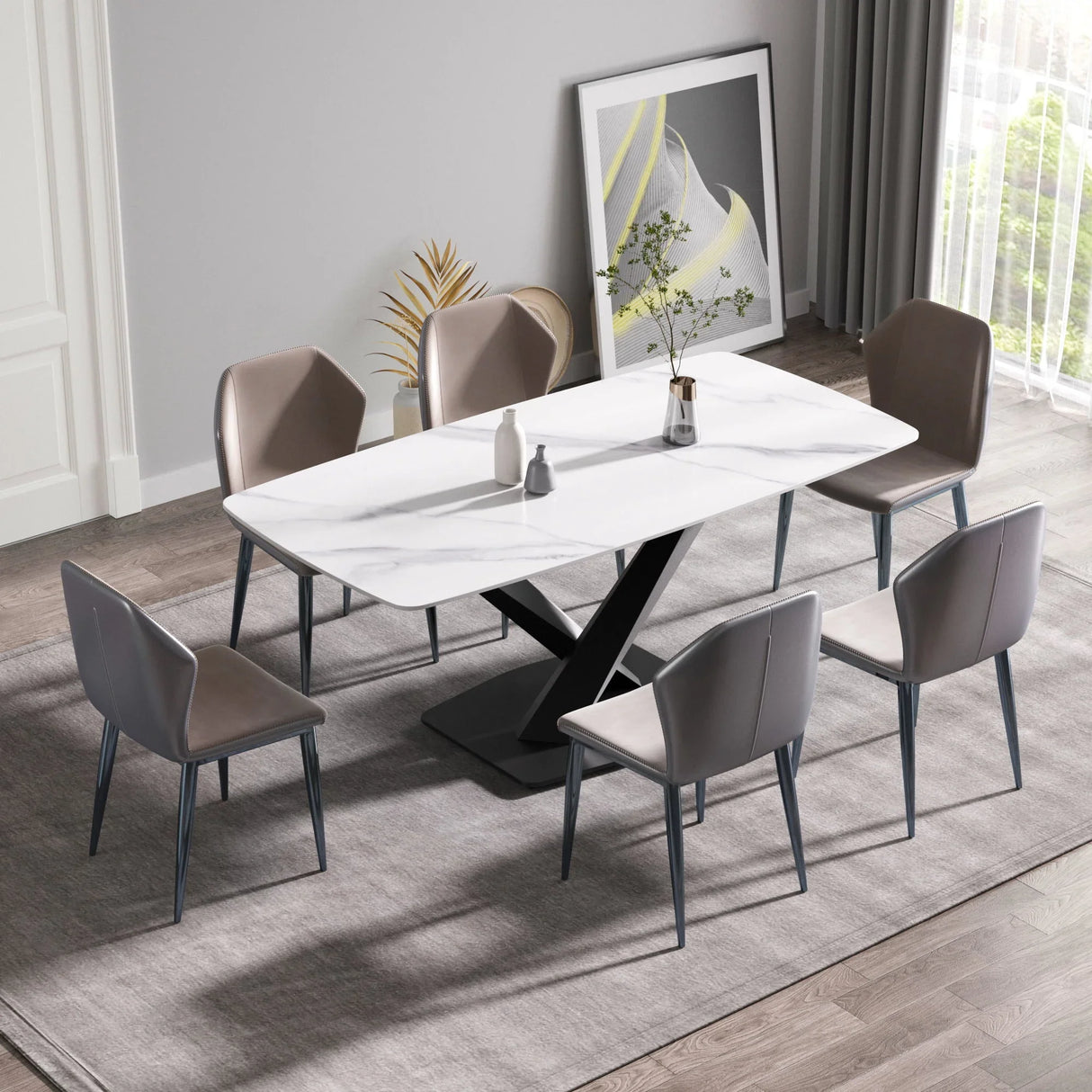 70.87" Modern Artificial Stone White Curved Black Metal Leg Dining Table, Can Accommodate 6-8 People - White / Black - Furniture Home Direct