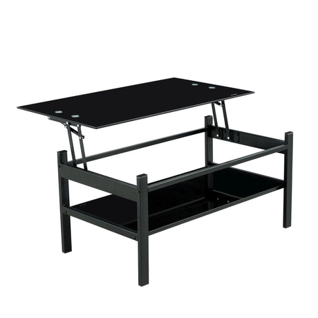 Glass Lift Top Coffee Table, Modern Simple 2-Layer Tempered Glass Coffee Table For Living Room - Black - Furniture Home Direct