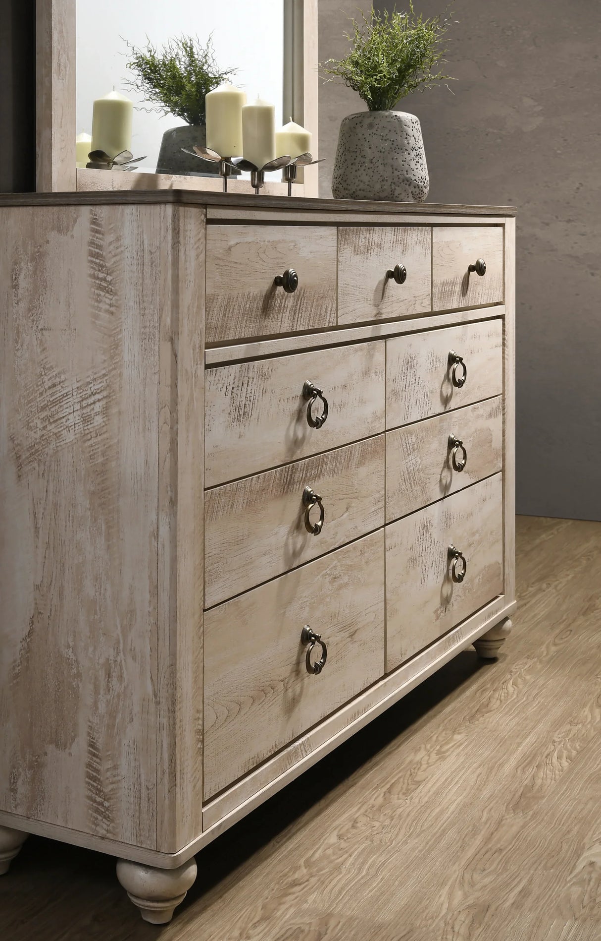 Bedroom Set 5 Piece Queen Bed Distressed Finish White Wash - Furniture Home Direct