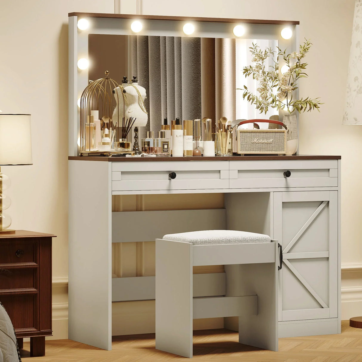 Makeup Vanity Table, Makeup Table With Large Mirror And 11 LED Light, Brightness Adjustable, Dressing Table Desk With 3 Drawers, Vanity Desk For Women (With Stool) - Furniture Home Direct
