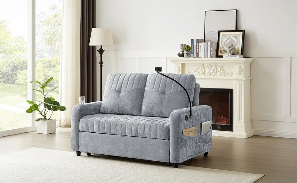 Sleeper Sofa With Adjustable Backrest, Two Cup Holders, Phone Holder, Three Charging Ports And Side Storage Pockets - Gray - Furniture Home Direct