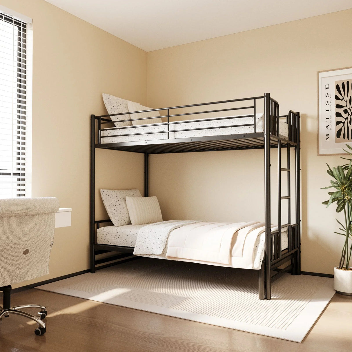Twin Metal Pull Out Bunk Bed With Guardrail And Built In Ladder, Space Saving Convertible Frame For Bedroom - Black - Furniture Home Direct