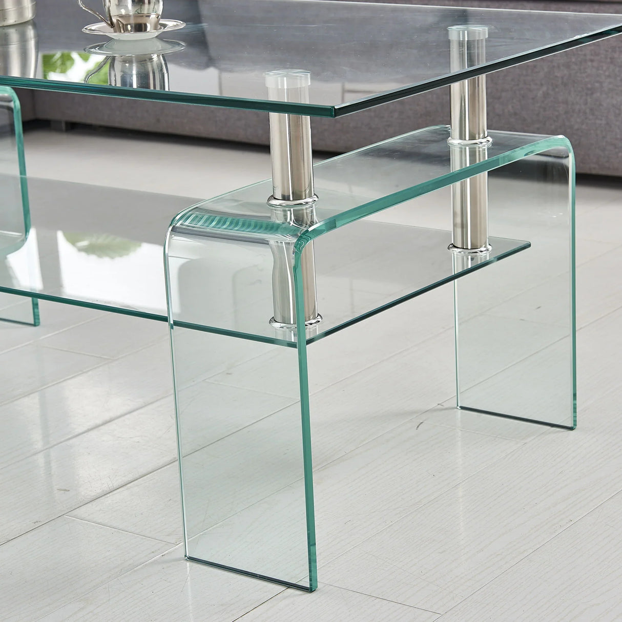 Modern Tempered Glass Coffee Table With 2 Tier Storage For Living Room - Furniture Home Direct