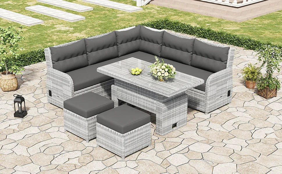 6 Piece Patio Set With An Adjustable Table, Recliners With Extendable Side Tables, And 2 Ottomans - Gray - Furniture Home Direct