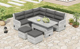 6 Piece Patio Set With An Adjustable Table, Recliners With Extendable Side Tables, And 2 Ottomans - Gray - Furniture Home Direct