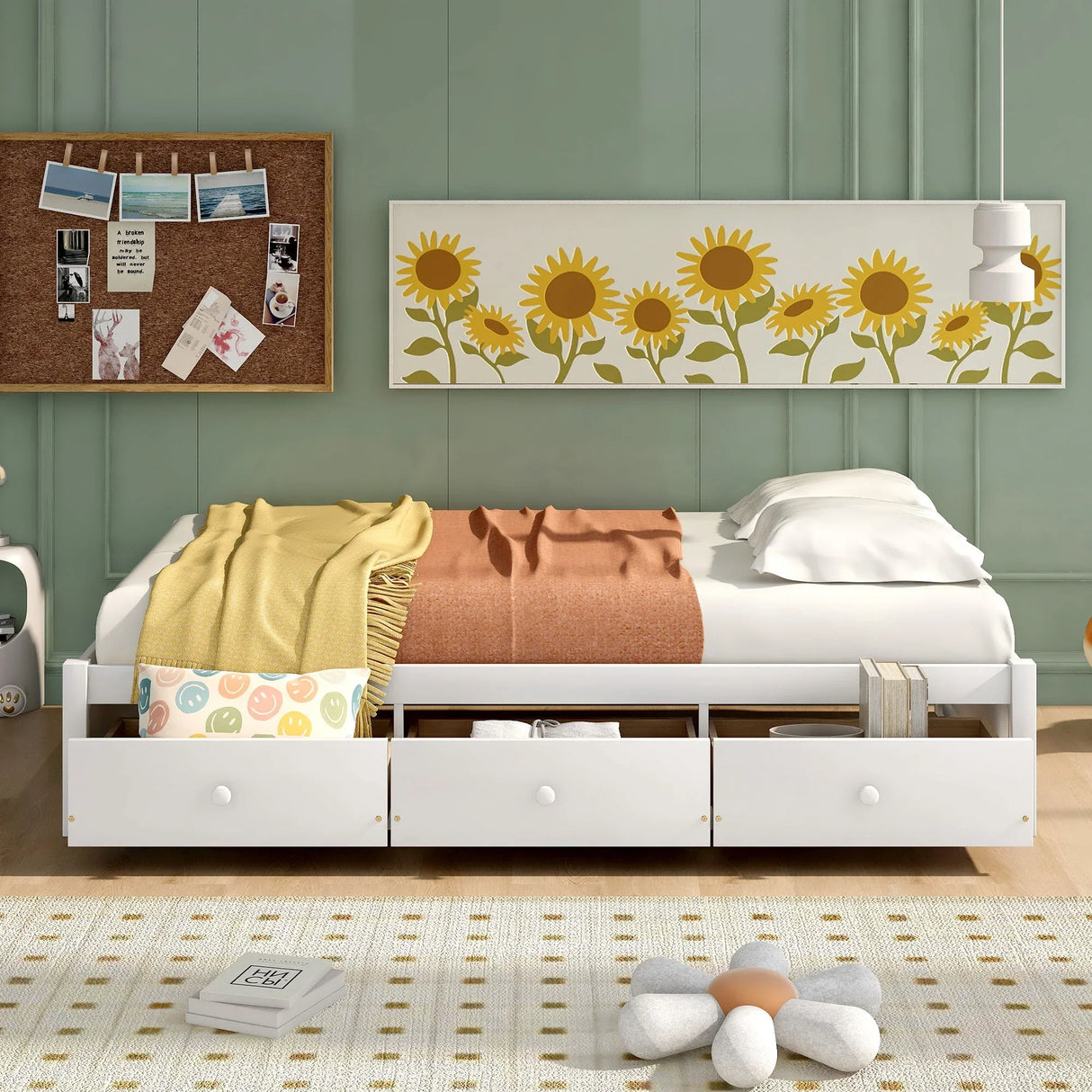 Twin Size Platform Storage Bed With 3 Drawers - White - Furniture Home Direct