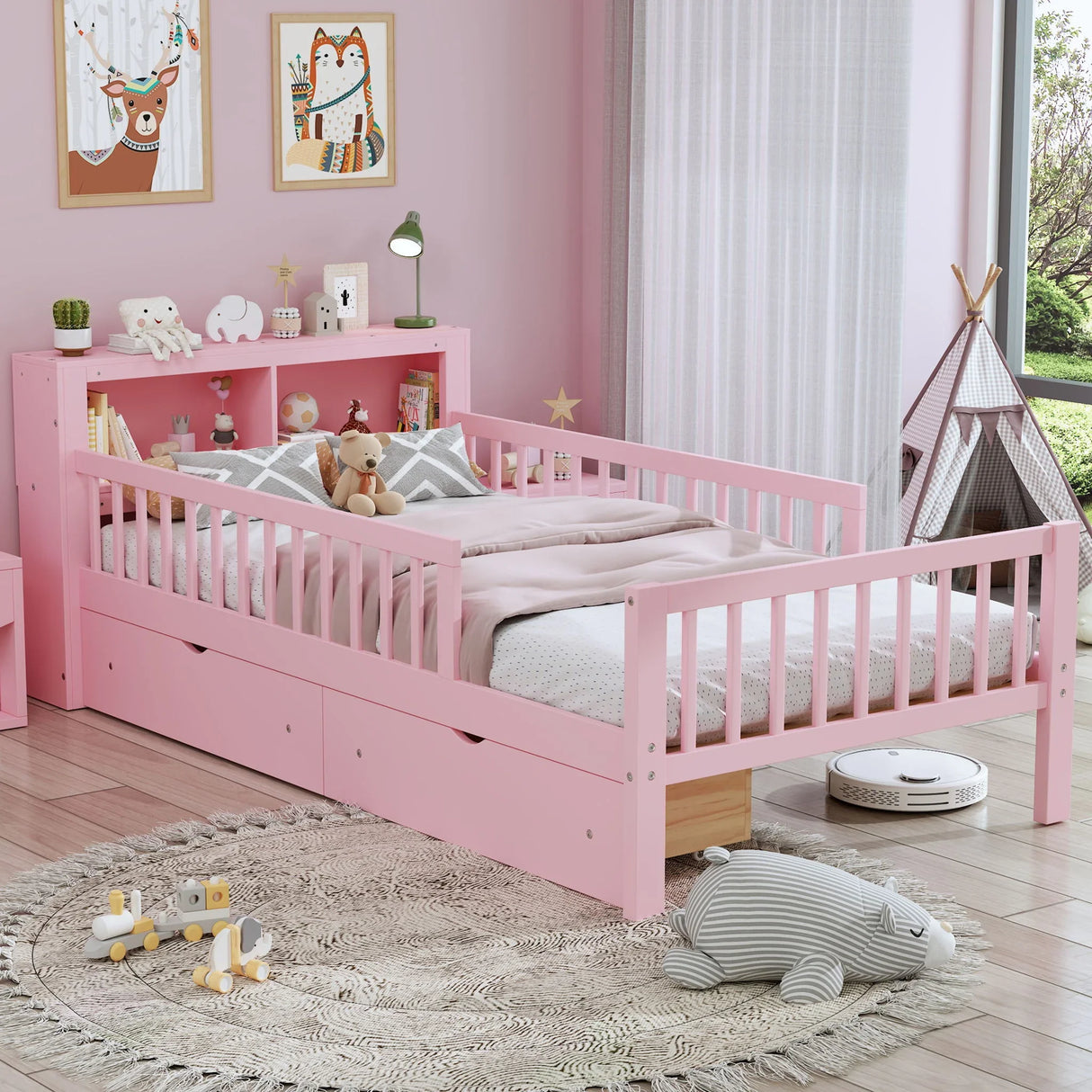 Bed With Headboard Storage Rack, 2 Under Bed Drawers, 3 Side Guardrails For Safety - Furniture Home Direct