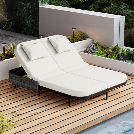 Outdoor Wicker Double Chaise (Black Frame+Beige Cushion) - Furniture Home Direct