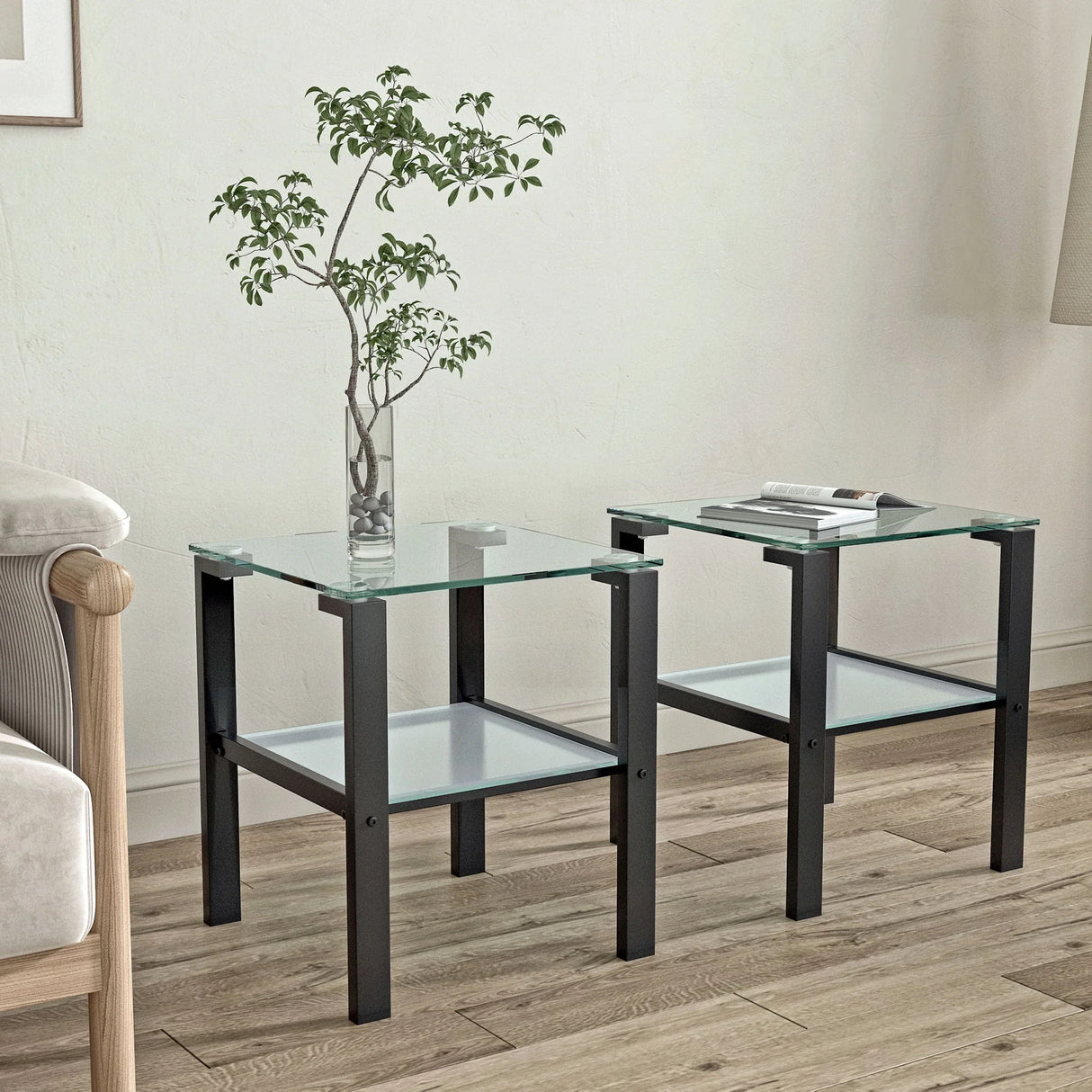 Glass Two Layer Tea Table, Small Round Table, Bedroom Corner Table, Living Room Side Table, Transparent (Set of 2) - Black - Furniture Home Direct