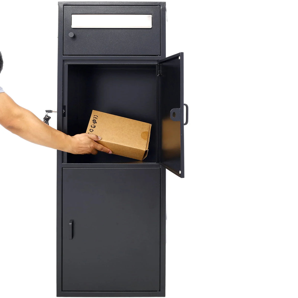 Large Steel Freestanding Floor Parcel Package Drop With Locking Letterbox Drop Mail Box With Multi Compartments - Black - Furniture Home Direct