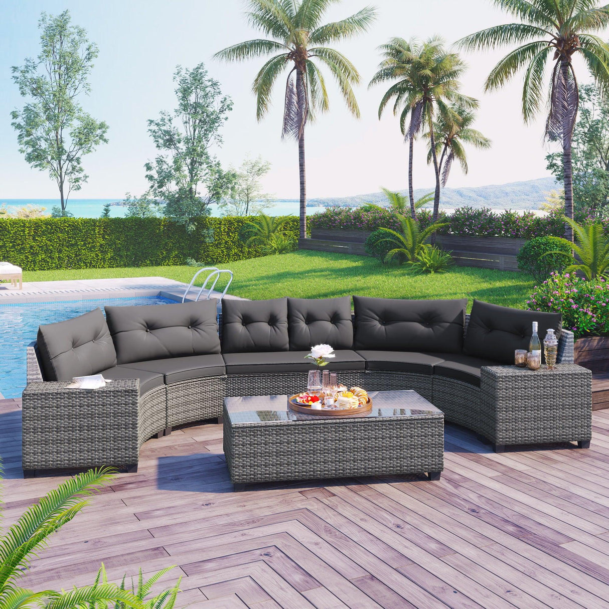 8 Pieces Outdoor Wicker Round Sofa Set, Half-Moon Sectional Sets All Weather, Curved Sofa Set With Rectangular Coffee Table, PE Rattan Water-Resistant And UV Protected, Movable Cushion - Furniture Home Direct