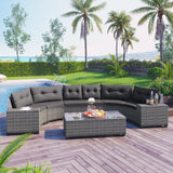 8 Pieces Outdoor Wicker Round Sofa Set, Half-Moon Sectional Sets All Weather, Curved Sofa Set With Rectangular Coffee Table, PE Rattan Water-Resistant And UV Protected, Movable Cushion - Furniture Home Direct