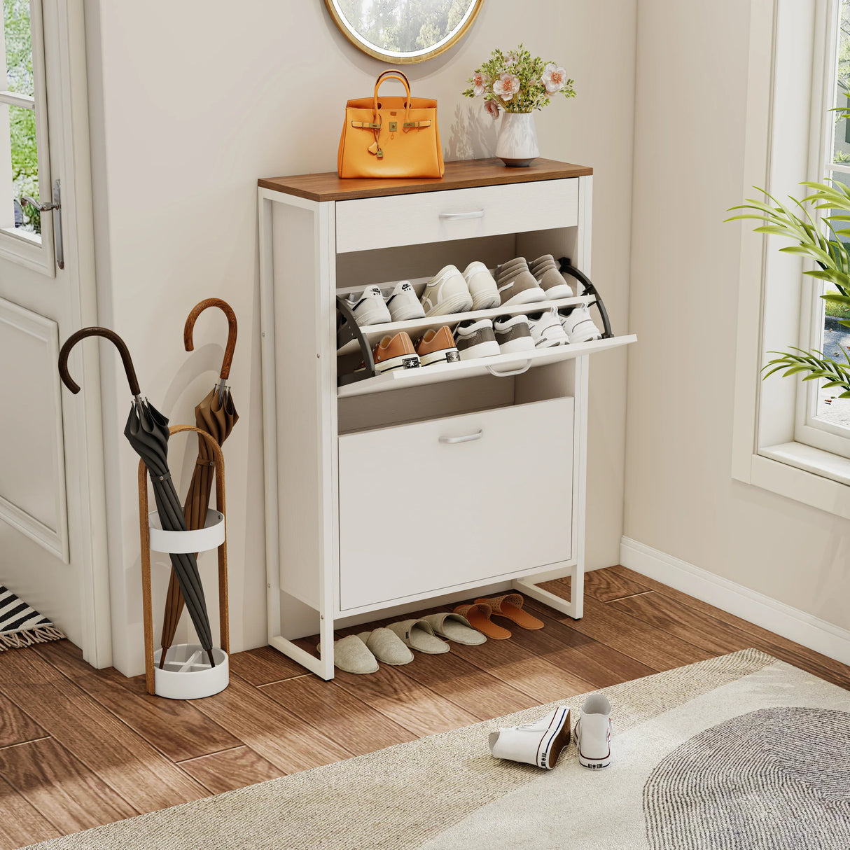 Slim Shoe Cabinet with 2 Flip Drawers - white and Walnut - Furniture Home Direct