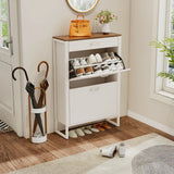 Slim Shoe Cabinet with 2 Flip Drawers - white and Walnut - Furniture Home Direct